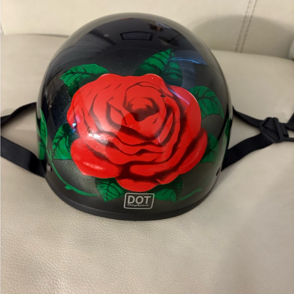 Source Unknown Black Helmet with Red and Green Rose Design